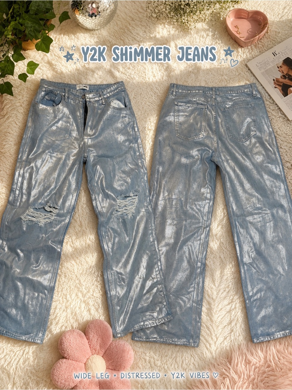 Fashion Nova Y2K Shimmer Wide-Leg Jeans - Light Metallic Blue